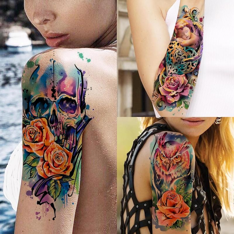 65/66 Sheets Watercolor Temporary Tattoos For Men Women Forearm Shoulder Legs Body Arm, 12 Sheets Long Lasting Lion Tiger Wolf Dragon Ealge Fake Tattoo Sleeve Adults, 53/54 Sheets Small Tatoos Kids