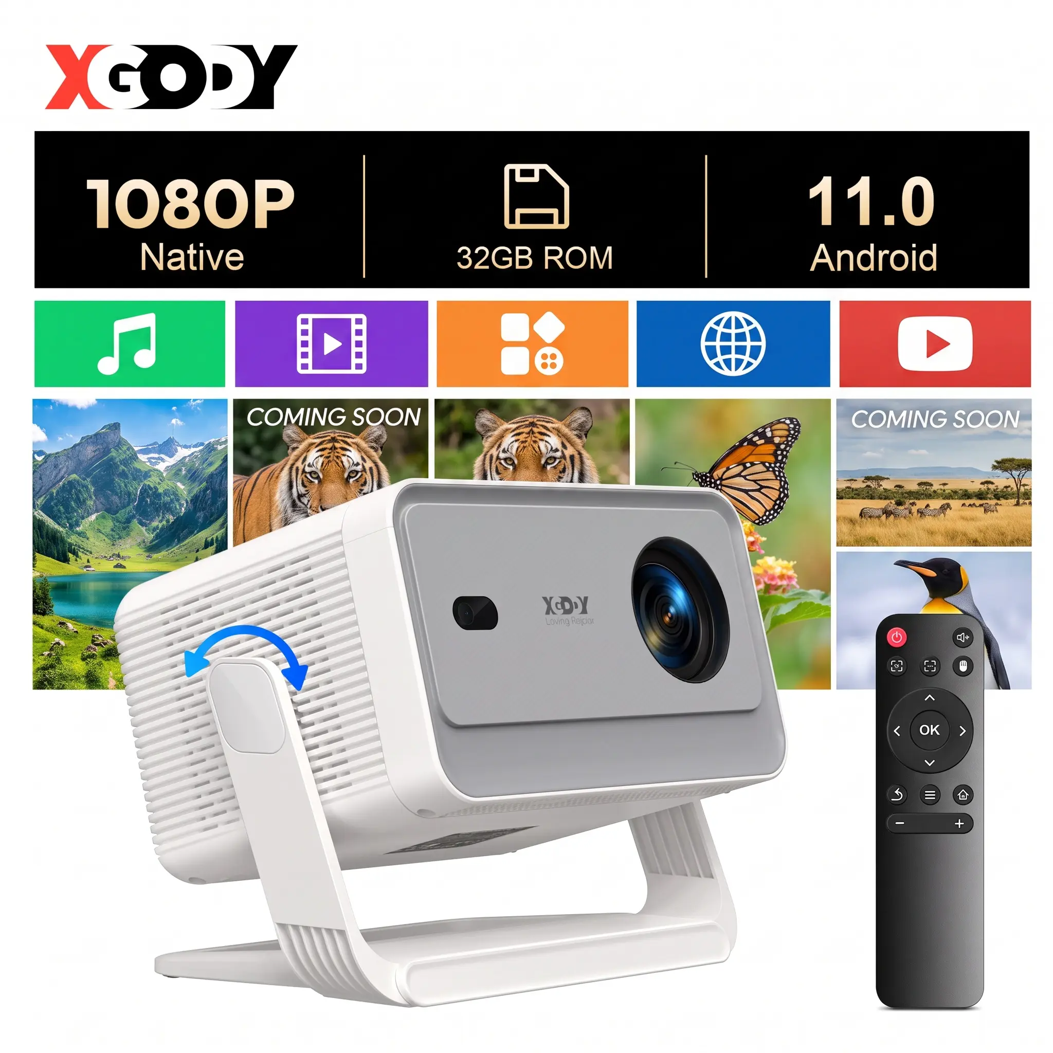 XGODY Smart Projector with Auto Focus & Keystone | 1080P WiFi 6 Portable Mini Projector for Bedroom & Ceiling | Android 11, 32GB