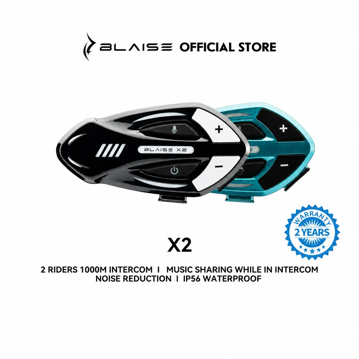 BLAISE X2 ATV UTV Helmet Bluetooth Intercom Headset, 2-Way Full-Duplex Communication for Side-by-Side SxS and ORV Riding, IP66 Water-Resistant, Audio Mixing & RGB Lighting