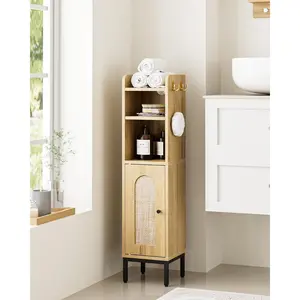 Bathroom Storage Cabinet, Small Corner Floor Hutch with 2 Hooks, Narrow Toilet Paper Cabinet with Rattan Door, Bathroom Organizer with Adjustable Shelf for Small Spaces, Oak