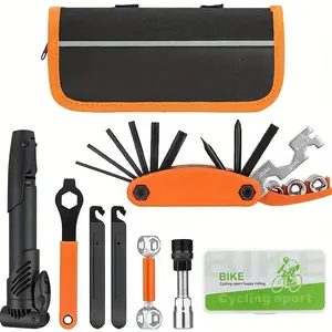 Bicycle Repair Bag With Tire Pump, Bike Multi Tool Set, Maintain Bike Repair Tool Kit Portable Bike Bag, Portable Tool Kit For Camping Travel - Patches, Inflator, Maintenance Essentials All In One Safety Kit Orange