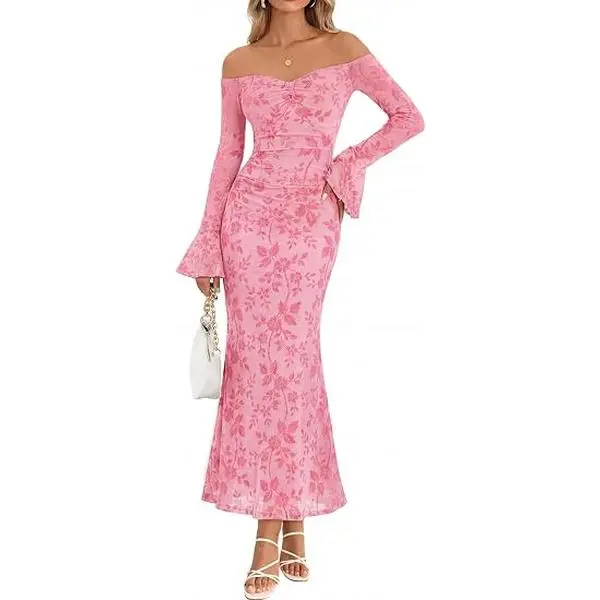 MEROKEETY Women's Off Shoulder Bodycon Fall 2026 Party Formal Maxi Dress | Wedding Guest Cocktail, Bell Long Sleeve, Floral Mesh, Ruched Bust, 2026 Winter, Elegant Sexy Trendy, Date Night Club Dresses