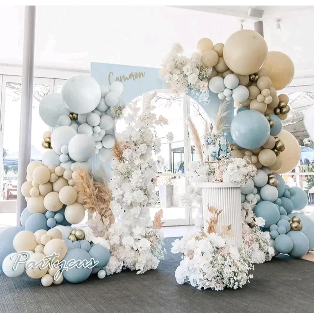 Dusty Blue White Balloon Garland Double Stuffed Pastel Light Blue Balloon White Sand Beige Cream Balloon Arch Kit Metallic Gold Balloons for Neutral Baby Shower Wedding Birthday Party Decoration - Perfect Party Supplies