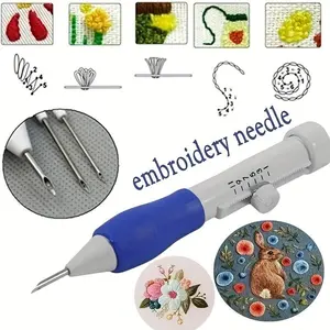 Complete Embroidery Punch Needle Kit with Blue Handle, Handheld Adjustable - Includes Multiple Needles & Accessories for DIY Sewing, Knitting Crafts | Versatile Tool for Floral & Bunny Designs, Embroidery Kit