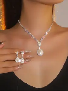 Elegant Faux Pearl & Rhinestone Decorated Jewelry Set, Exquisite Trendy Necklace & Dangle Earrings, Chic Jewelry Set for Party & Daily Clothing Decor, Matching Necklace and Earring Set, Fashion Jewelry Set, Costume Jewelry Sets