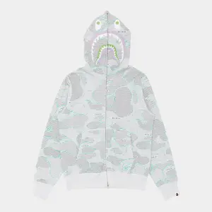 BAPE Shark Logo Full Zip Hooded Sweatshirt Text Code Camo Grey Multi