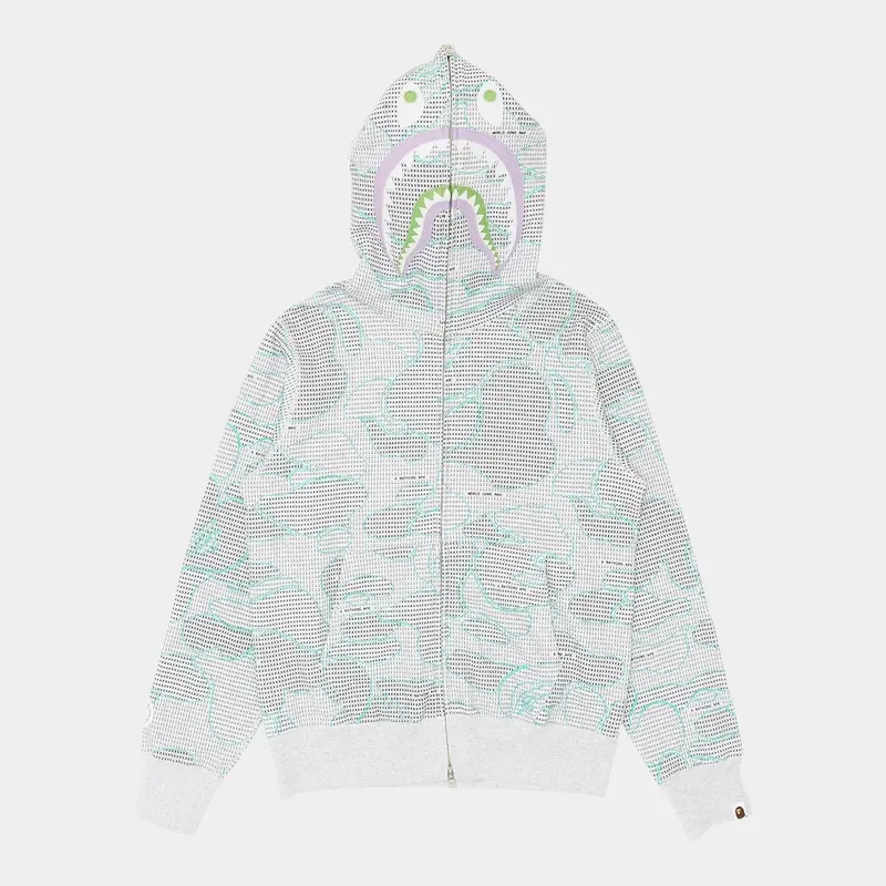 BAPE Shark Logo Full Zip Hooded Sweatshirt Text Code Camo Grey Multi