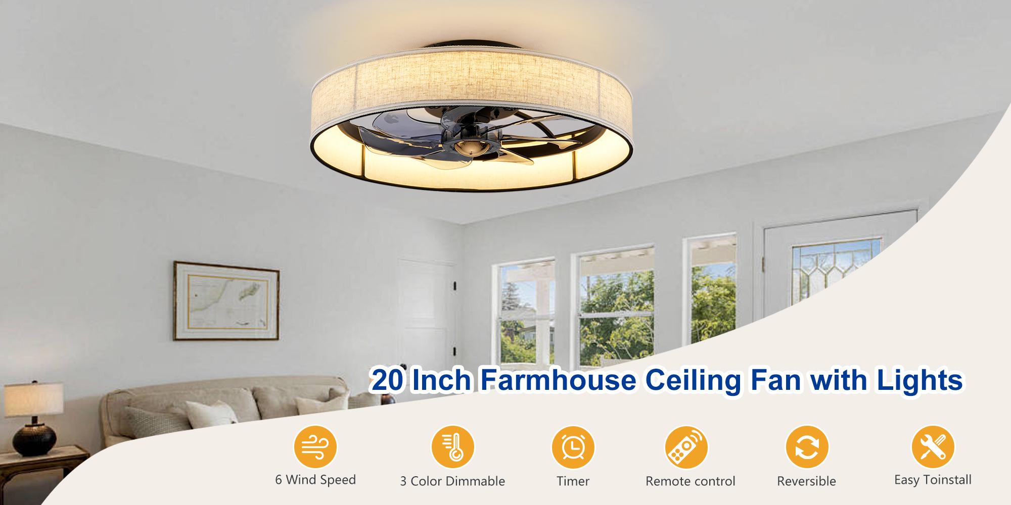 Garwarm Flush Mount Caged Ceiling Fan with Light, Modern Farmhouse Ceiling Fans, Dimmable LED,6 Speeds, Low Profile Ceiling Fan for Bedroom,Living Room,Kitchen,Children's Room