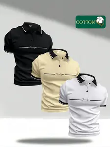 Men’s 3-Piece Skin-Friendly Cotton Menswear Set, Shortsleeve Top & Casual Button-Collar Polo Shirt with Distinctive English Graphic Print, Stretchy Clothes for Summer Workwear & Gifting Classic