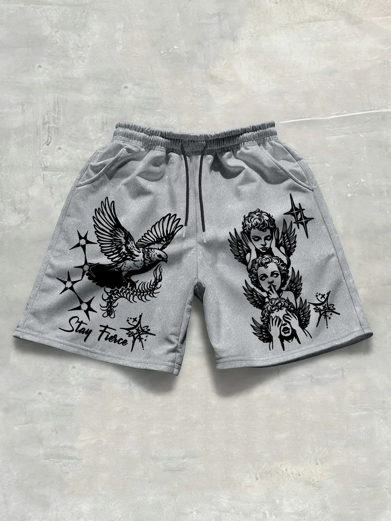 Men's Casual Loose-Fitting Drawstring Shorts, Drawstrings Shorts, Graphic Print Shorts, Graphic Angel Portrait & Bird Thorn Pattern, Starburst Decoration, Comfortable Wear for Weekend Dates, Streetwear Fashion, Comfy Shorts