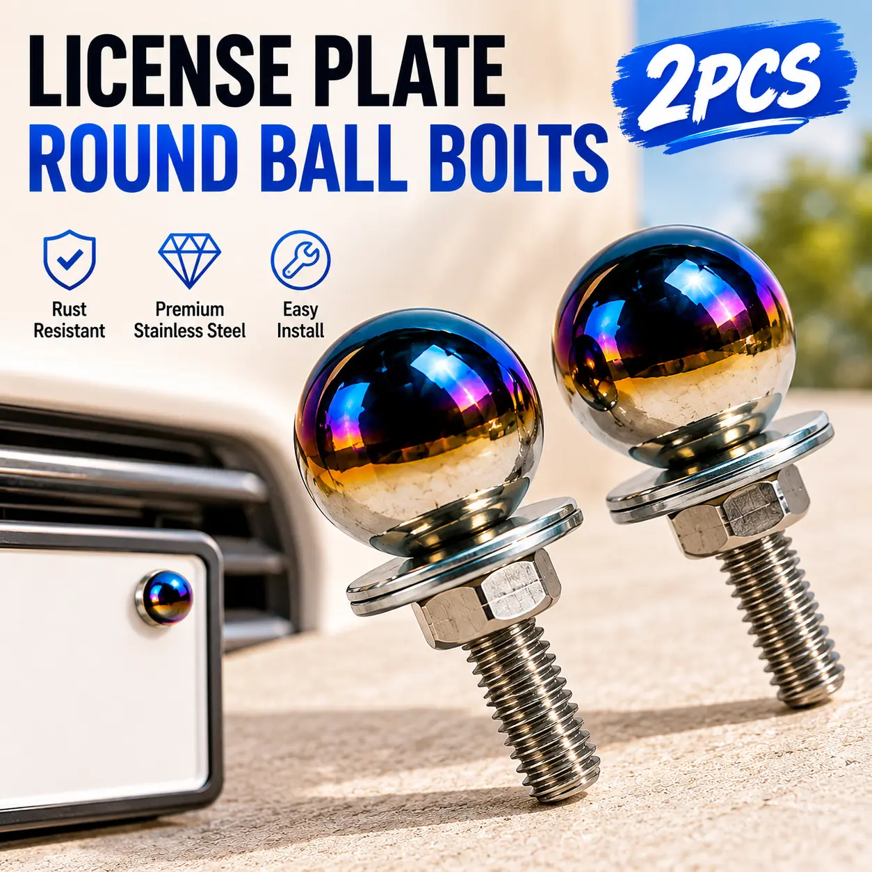2Pcs Chrome Gradient Anti-Theft Ball Head License Plate Screws with Lock Nuts & Matching Washers, Easy Install Universal Auto Fasteners for Car Customization, Fits Most Cars, Trucks, SUVs, and Motorcycles