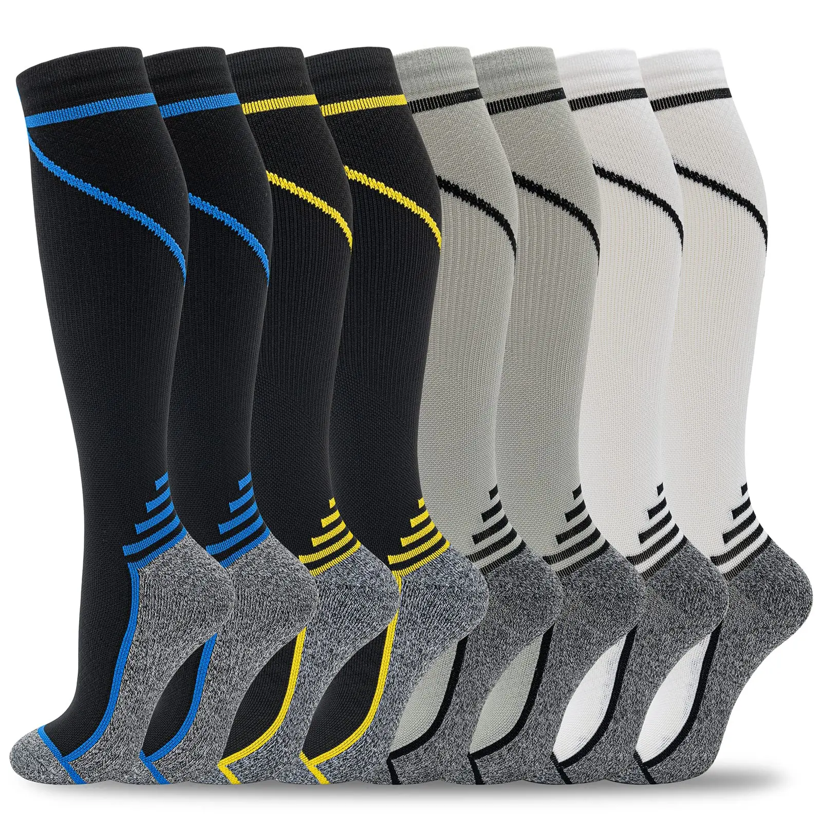 4 Pairs Men's & Women's 20-30 mmHg Graduated Compression Socks, Moisture-Wicking Cushioned Socks for Circulation Recovery, Running, Travel