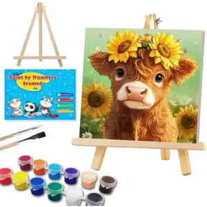 Cow Paint by Numbers Kit for Kids with Frame and Easel, Easy Paint by Numbers for Ages 8-12, Small Painting Kit for Birthday Gift Painting Party, 10X10inch