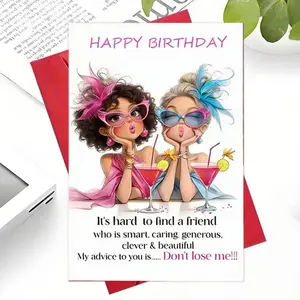1pc Cute Birthday Card, Friendship Card, Greeting Card Featuring Two Pouting Little Girls And The Caption, "It's Hard To Find A Friend Who Is Smart, Caring, And Generous. Don't Lose Me!" This Pastel Watercolor-Style Card