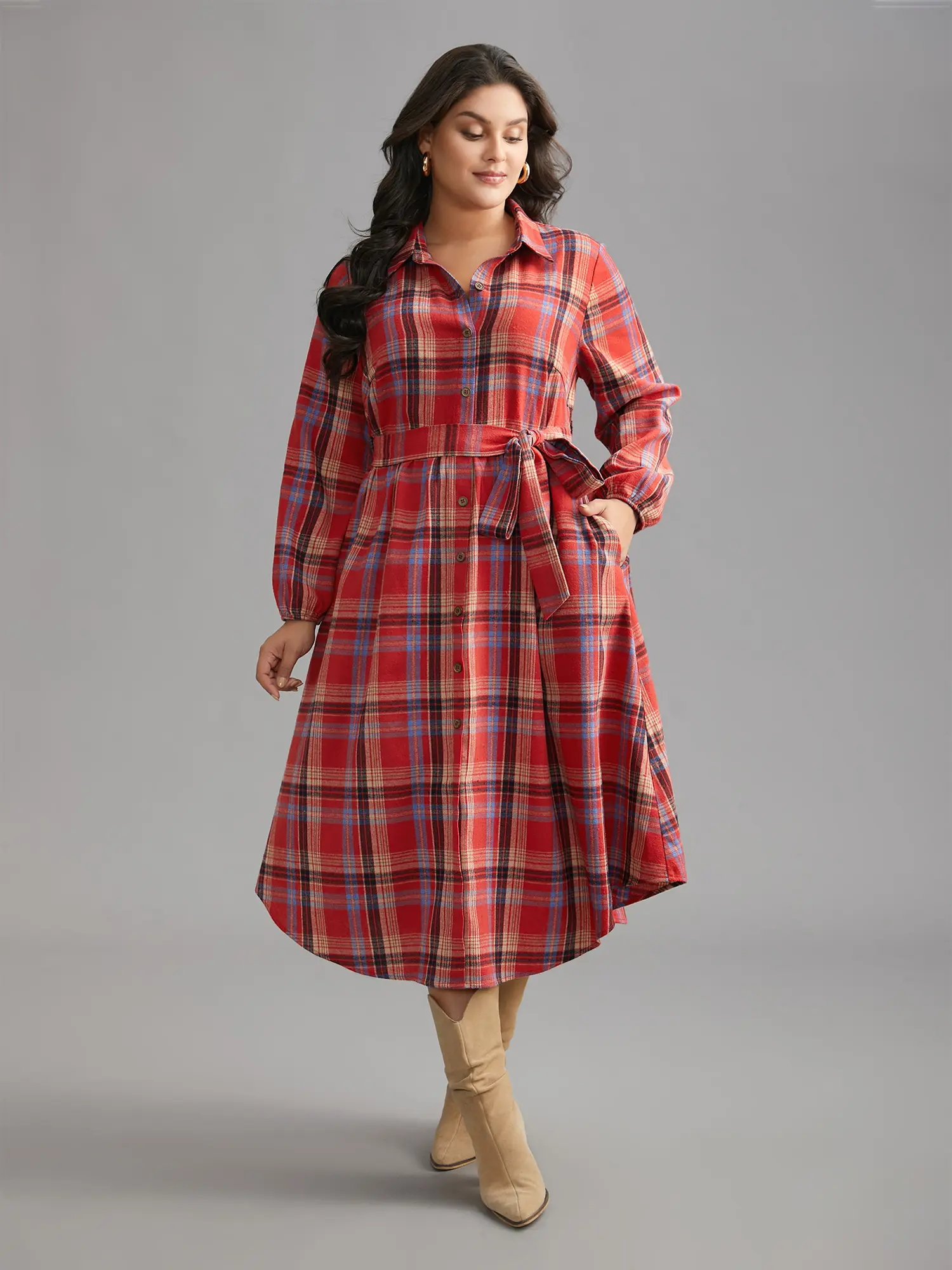 BloomChic Plus Size Plaid Midi Shirt Dress, Casual Long Sleeve Cotton Blend with Collared Neck, Belt, and Pockets, Longsleeves, Fit, Casual Wear, Collared Neck Casual Dresses, Women, Lady, Plus Size Casual Dresses