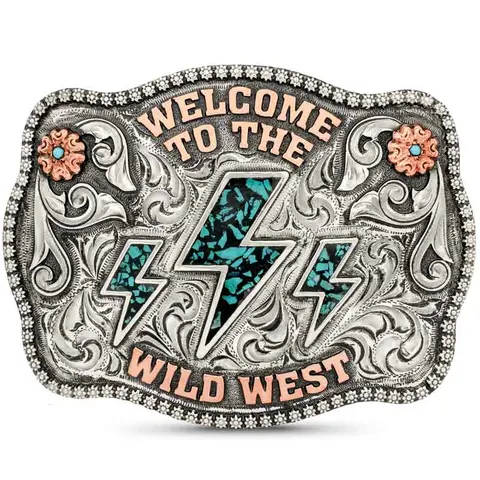 Wild West Belt Buckle - Buckle Decorated Western Accessory with German Silver Base, Copper Lettering, 4 Simulated Turquoise Stones, Lightning Bolt Enamel Figure, Cowboy Aesthetic, Wild West Energy for Western Outfits Instant Flair, Western Belt Buckles
