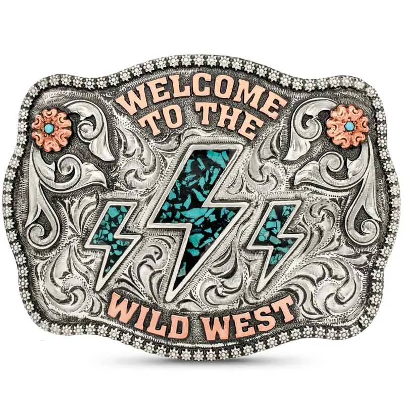 Wild West Belt Buckle | German Silver Base, Copper Lettering, 4 Simulated Turquoise Stones, Lightening Bolt Enamel Figure, Western Style