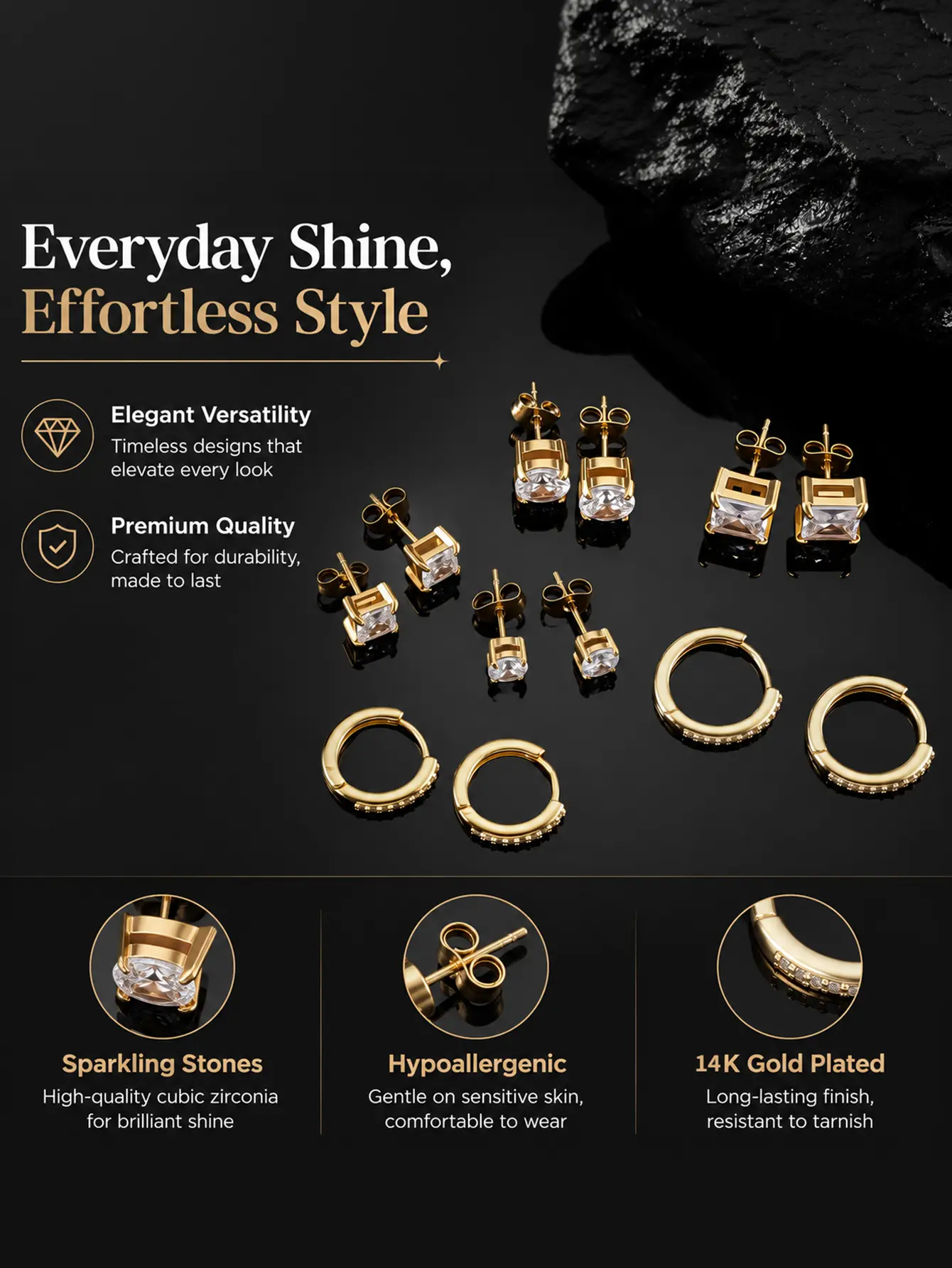 Women's 6 Pairs 3A Cubic Zirconia Stud Earrings Set, 4-Prong Multi-Size 4/6/8mm Round & Square, Hypoallergenic 316L Stainless Steel Gold Tone European Fashion Piercing Jewelry