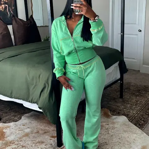Women's Solid Waffle-Knit Fabric Zip-Up Fitted Jacket and Pants Set Outfit, Two-Piece Long-Sleeve Outerwear & Trousers Set, Casual Fall/Winter Clothes, Basic Womenswear for Daily Wear