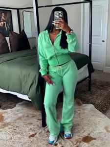 Women's Solid Waffle Knit Zip Up Jacket & Pants Two-piece Set, Casual Long Sleeve Zip Front Outerwear & Trousers for Daily Wear, Ladies Fall & Winter Clothes