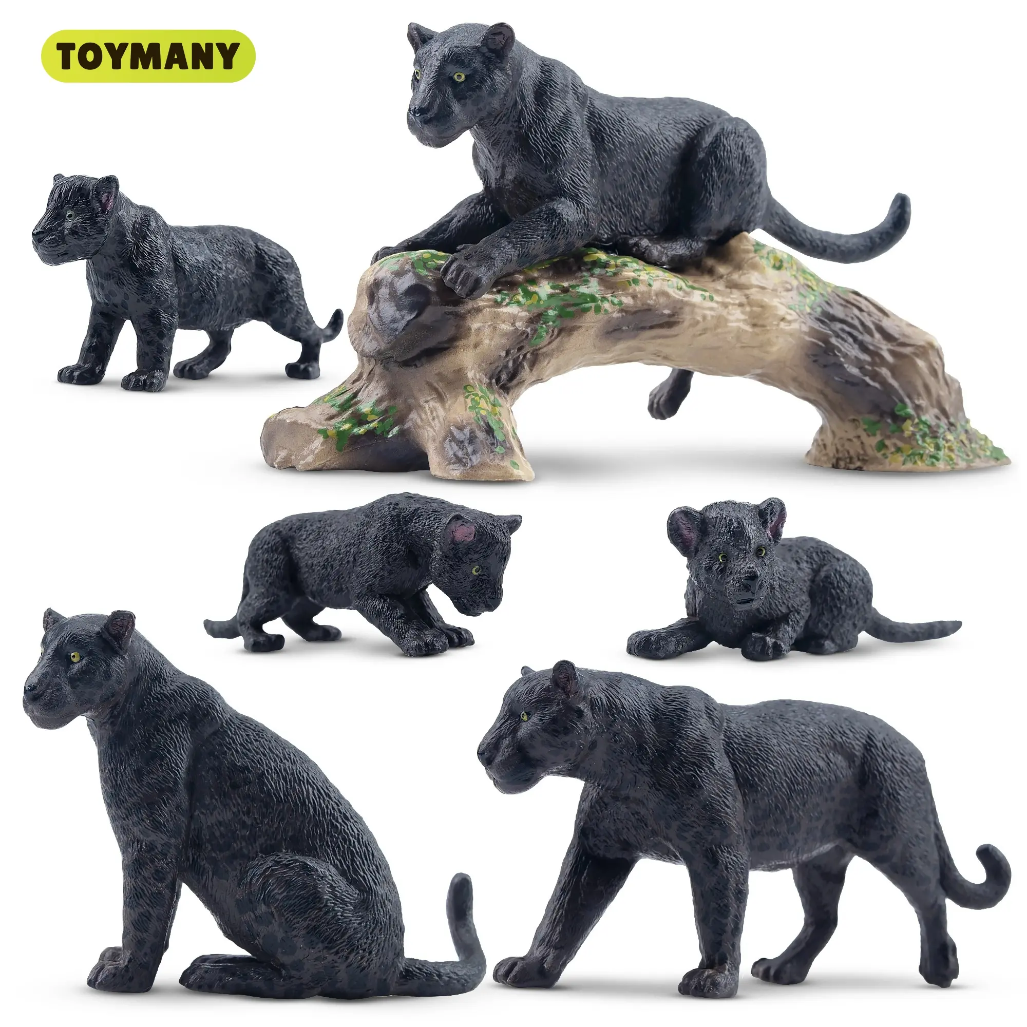 TOYMANY 7PCS PVC Plastic Black Panther Figures Combo - Panther Family Set, 2 Black Female Jaguars, 1 Tree Trunk, Cub, Collectible Leopard Figure, 3+ Unisex Educational Toy, Cake Toppers, 235 / 8.3 Oz Kids' Gift