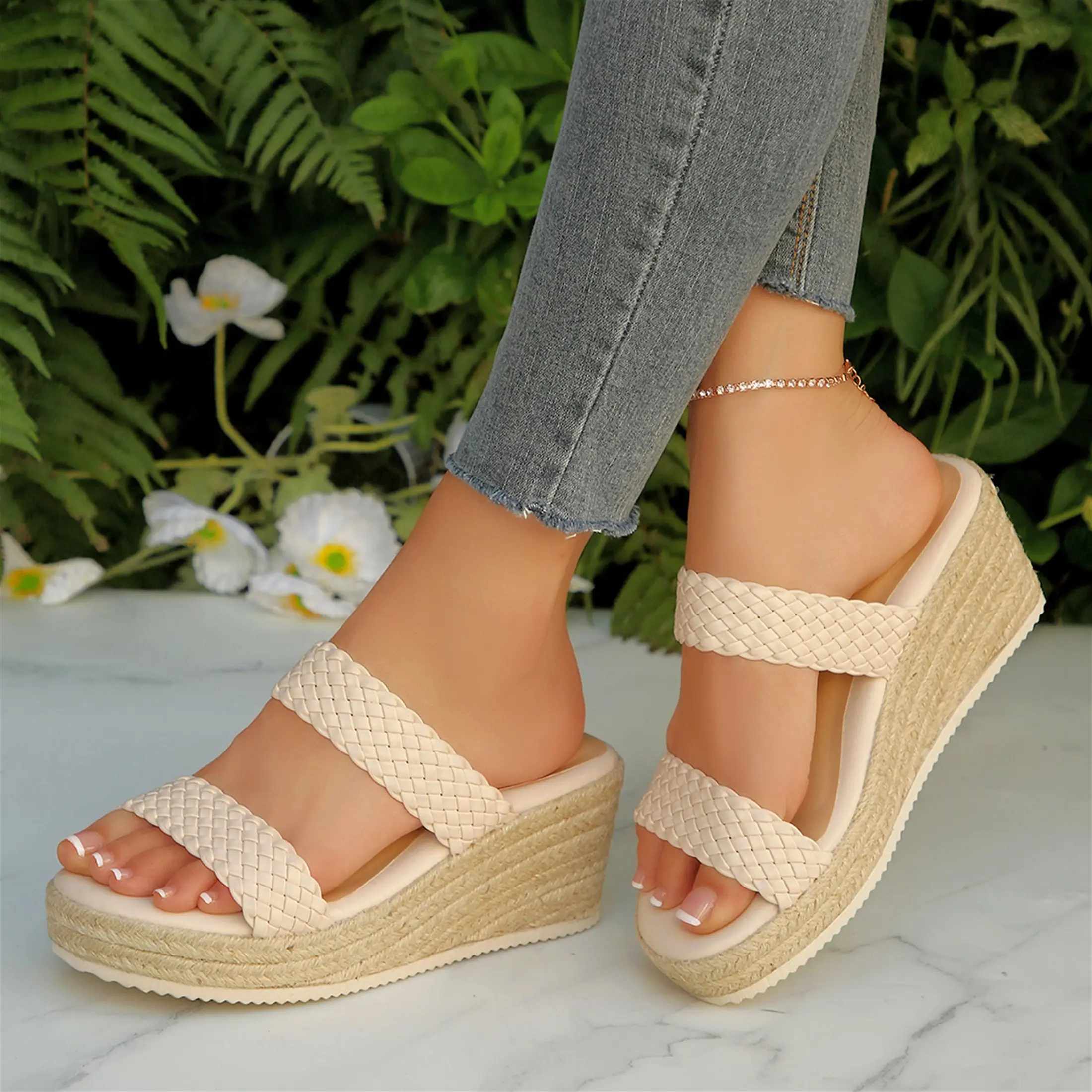 Womens Wedge Platform Sandals Two Strap Woven Slip On Summer Slide Sandals Casual for Women Summer Vibes