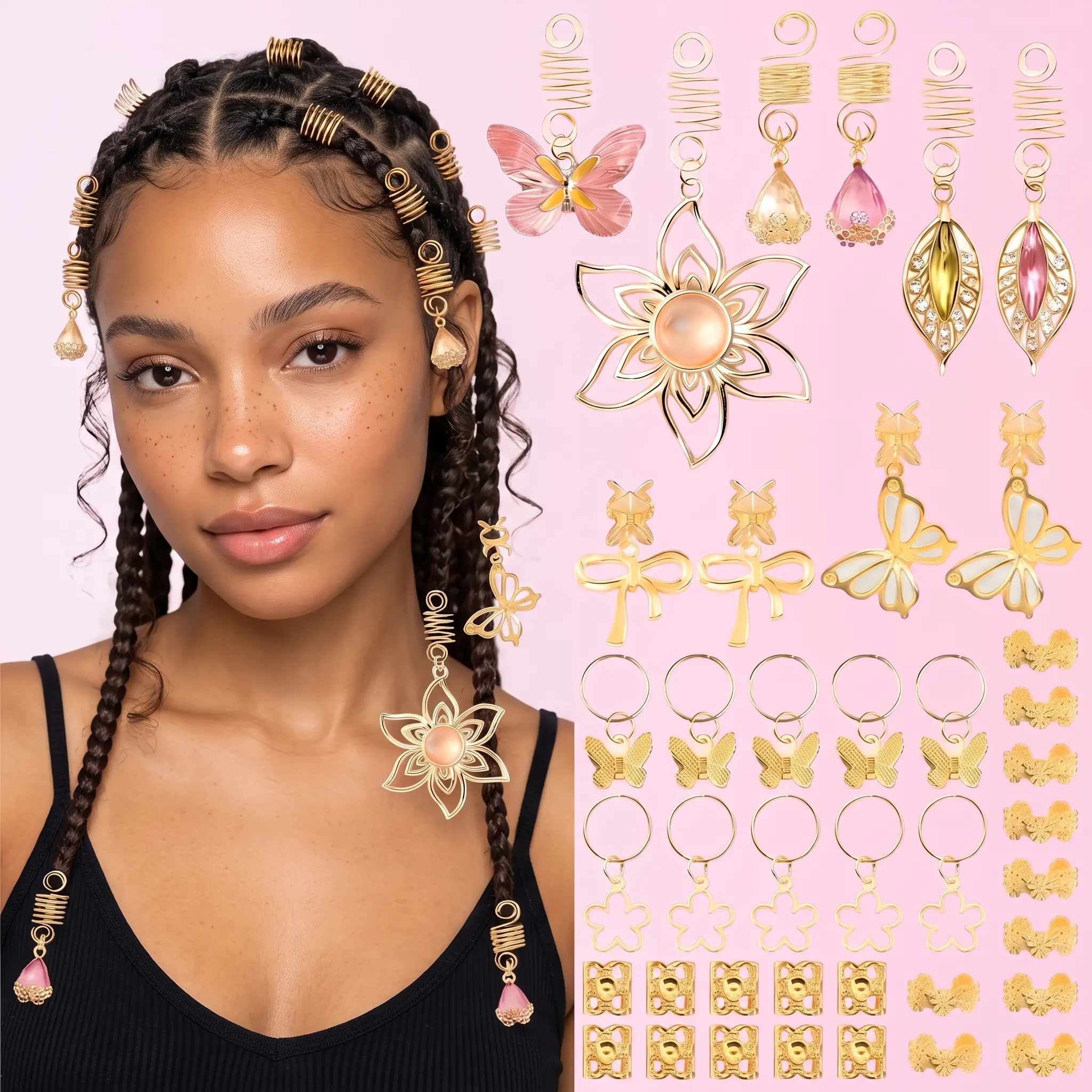 Gold Butterfly Dreadlock & Box Braid Hair Clips - Bling Hair Fashion Crystal Flower Pendants with Mini Claw Clips, Secure Hold Duckbill Comb for Braids Hairstyles & Wavy Claw Locs