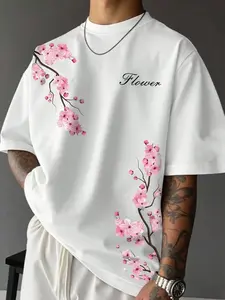 Men's Sakura Pattern Print Regular Fit T-Shirt, Summer Loose Casual Relaxed Fit Fashion Short Sleeve Round Neck Tee, Suitable for Sports Outdoor Activities