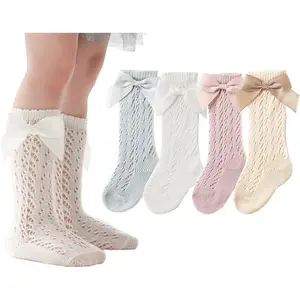 Toddler Baby Girls' Cotton Blend Above-Knee Kneesocks, Solid Bow Thin Sock Set, 0-7 Years, Spring Summer Use