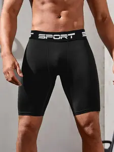 Men's Letter Print Gym Shorts, Quick-drying Breathable Comfortable Gym Shorts, High Elasticity Moisture-wicking for Running & Gym Training, Training Cycling Shorts