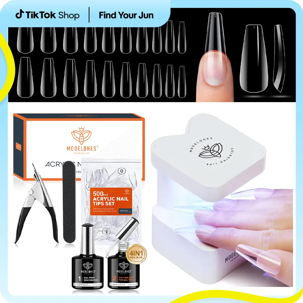 Modelones 500Pcs Soft Nail Tips Kit, 4-in-1 Nail Glue Nail Prep Dehydrate & Portable Led Lamp Nail Clipper, Easy Nail Extension Set, Christmas Gift, N