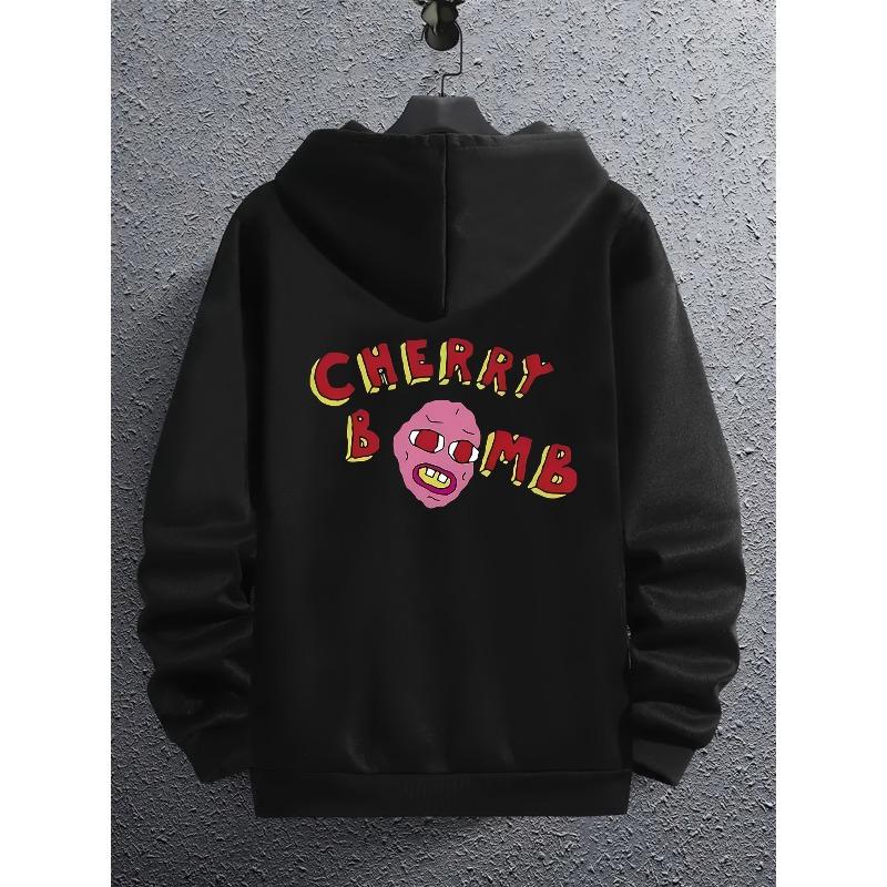 Men's Y2K 2000s Cherry Bomb Graphic Hooded Jacket Bold Red Yellow Lettering Zip Up Polyester Streetwear Fall Outfits Vacation Party Everyday Casual Durable Stylish Gift