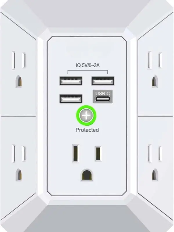 Multi Plug Outlet Surge Protector with Night Light PowerUI Wall Charger 3 USB 3 Sided Power Strip for Wall Mounted ETL Listed Multiple Sockets