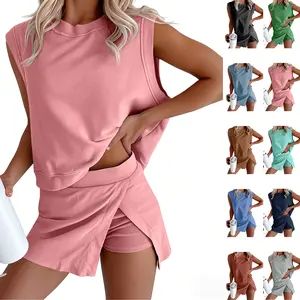 Kingapril SummerVibes Womens Travel Outfits Summer Lounge Set Two Pieces Mineral Wash Cotton Tank Top Lined Split Athletic Skirt Set