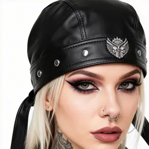 Women Leather Bandana Pirate Cap Adjustable Ties Silver Wing Double Pistol Rivet Headwrap Doo Rags Motorcycle Biker Hair Bonnets Hat Accessories Vintage Chic