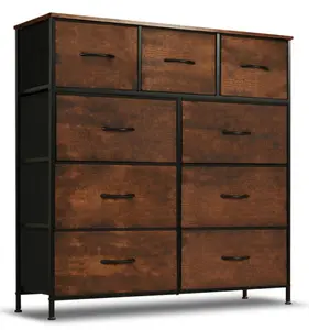 9 Drawers Dresser for Bedroom, Tall Fabric Closet Chests Organizer Tower Furniture with Wooden Top Metal Frame for Clothes, Room, Living Room, Hallway, Entryway,Brown