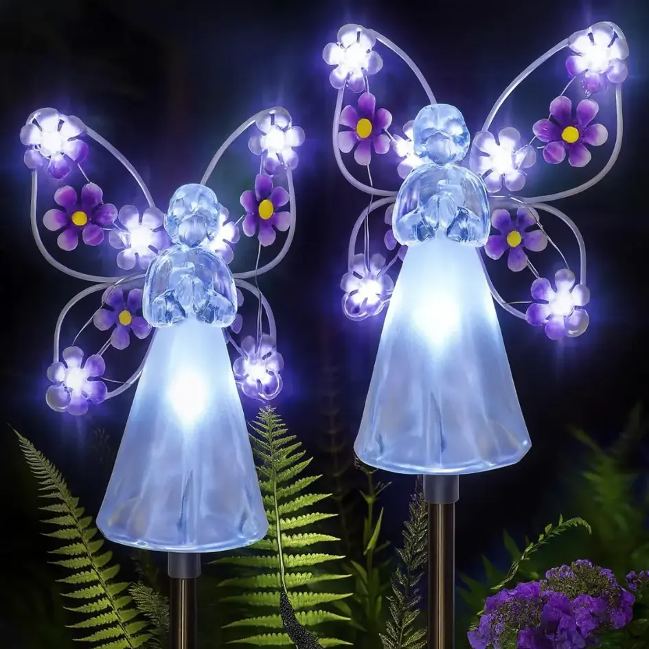 Solar Angel Garden Lights Outdoor Waterproof IP65 LED Purple Butterfly Fairy Stake Light for Yard Pathway Patio Grave Cemetery Decorations Mother's Day Memorial Gifts Clearance Outside Landscape Lighting Semitransparent Plastic Stainless Steel Stick
