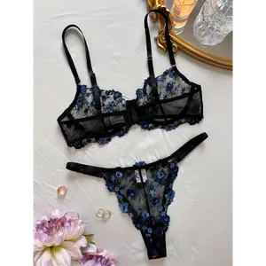 Valentine's Day Gift Sexy and Elegant Combination Breathable Mesh Blue Embroidered Bra and Panty Set