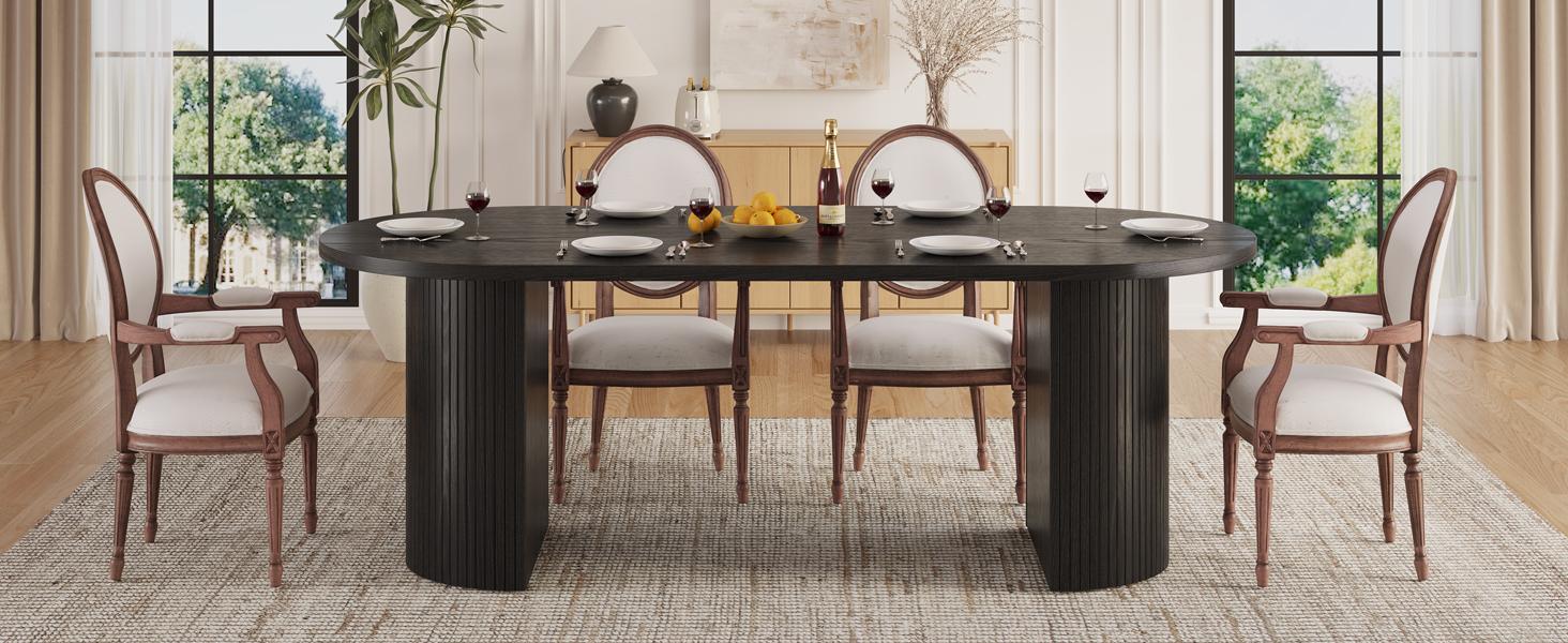 ONBRILL 70.8 Inch Dining Table for 4-6, Oval Dining Room Table with Curved Fluted Wood Strip Base, Mid-Century Modern Kitchen Tables with Footpads, Dinner Tables for Living Room, Dining Room