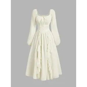 Women’s long dress with ruffle lantern sleeves — cute fall wedding guest gown in renaissance style, perfect for back-to-school and graduation ceremonies