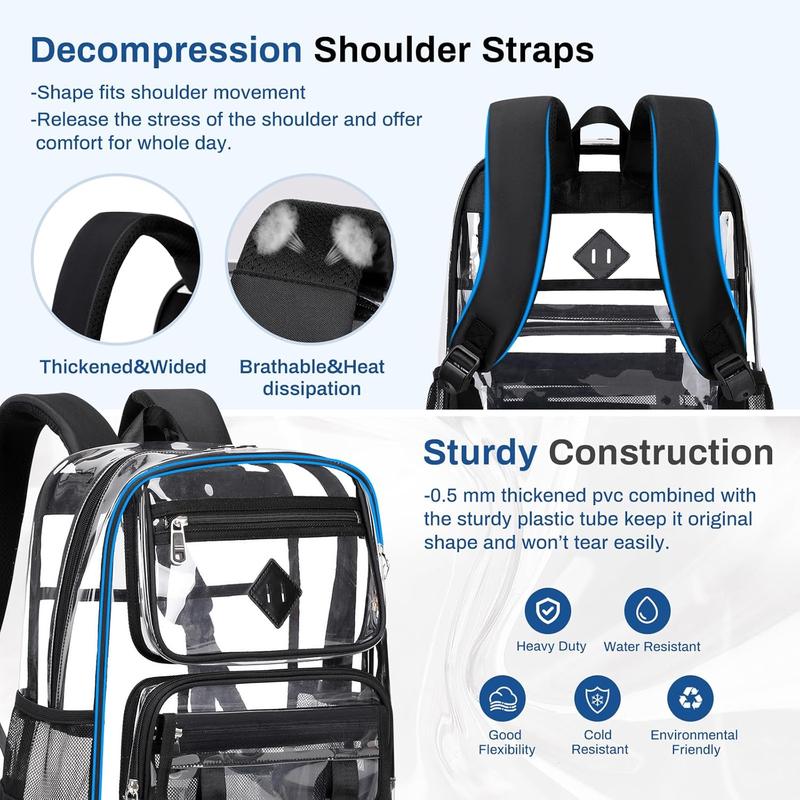 Clear Backpack for School & Work - Stylish Black Transparent Bookbag with Laptop Compartment, Waterproof PVC, Ideal for Security Checks & Daily Use Visibility