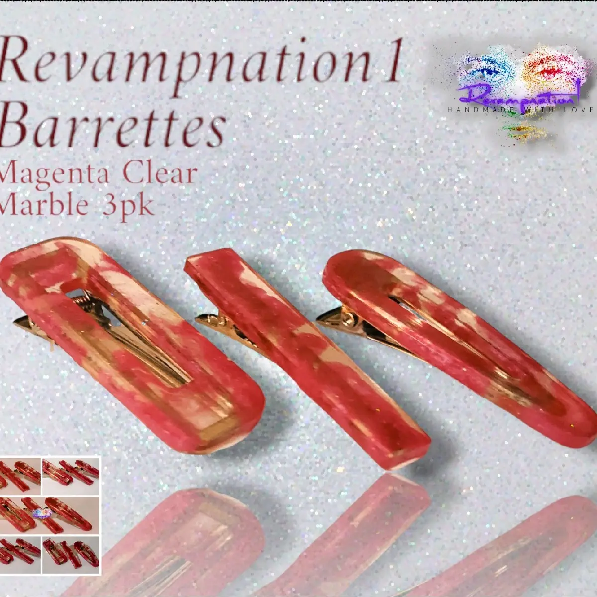 Revampnation1 Magenta Clear Marble Handmade Resin Barrettes 3pk
