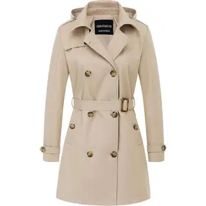 Women's Trench Coat Double-Breasted Classic Lapel Overcoat Belted Slim Outerwear Coat with Detachable Hood