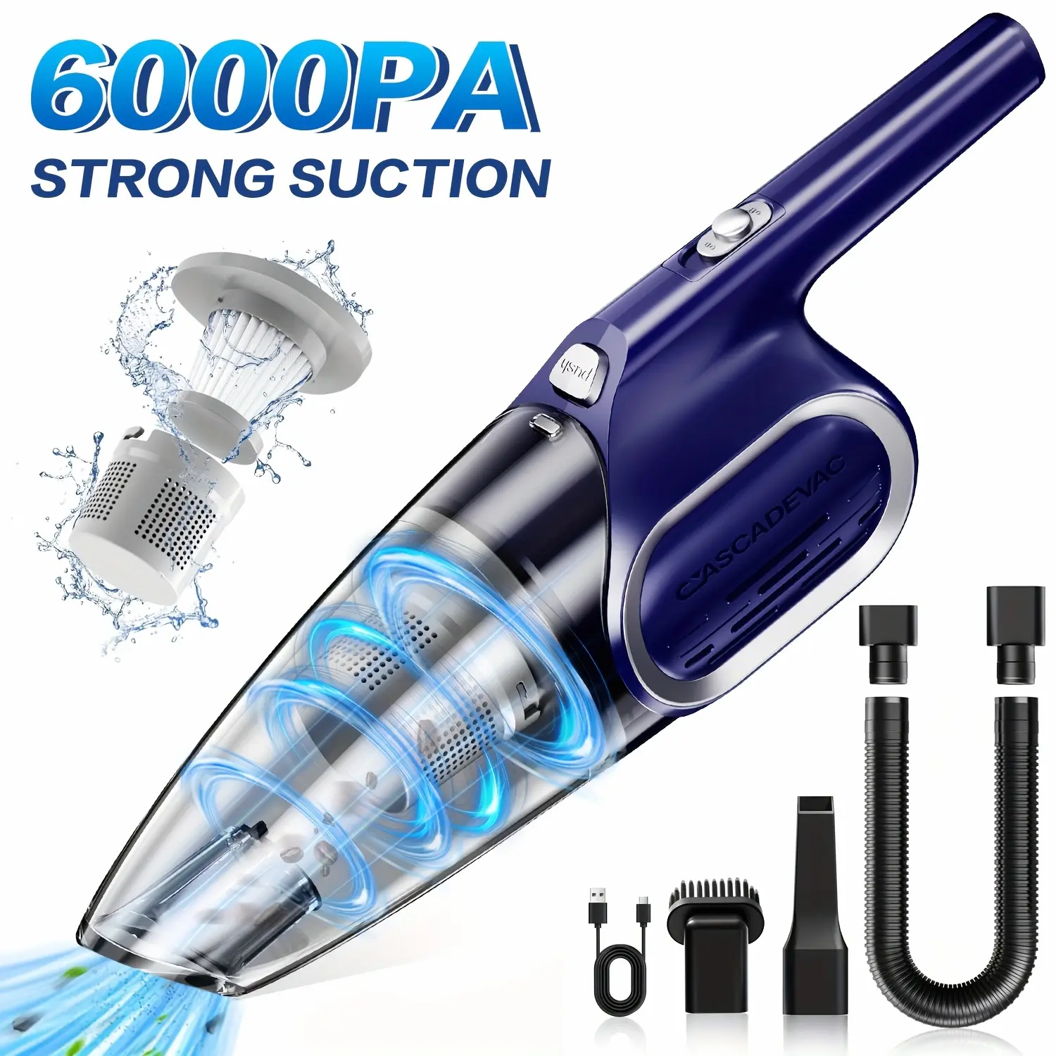 Portable Household Vacuum Cleaner, With 6000PA Powerful Suction Force, Low Noise, Dual Filtration. Household Vacuum Cleaner, Mini Vacuum Cleaner, Suitable For Cleaning Inside Cars, Pet Hair, Kitchens, Home Cleaning Supplies, Ladies' Car Accessories.