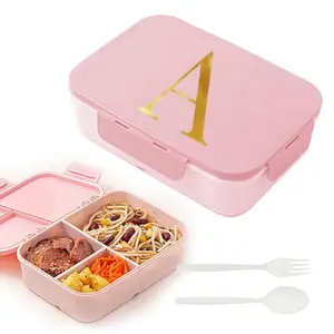 Letter Pattern Lunch Box with Cutlery, 1 Count Large Capacity Compartment Bento Box with Lid, Leak Proof Food Container with Fork & Spoon for School Camping Office