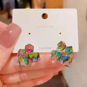 Women's 925 Silver Needle Stud Earrings - 2026 Trending Korean Fashion Luxury Cube Sugar Zircon, Colorful Acrylic, Crystal Cluster, Mixed Crystal, Expensive-Looking, Multi-Color Rhinestone Jewelry, Colorful Acrylic Earrings, Crystal Cluster Earrings
