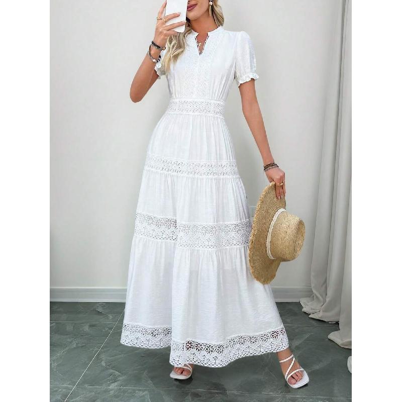 Women's Solid Color and V-neck Short-Sleeved Lace Skirt Dress White Dress for Summer 2025 Elegant Fabric Embroidery Fit High Waist Womenswear
