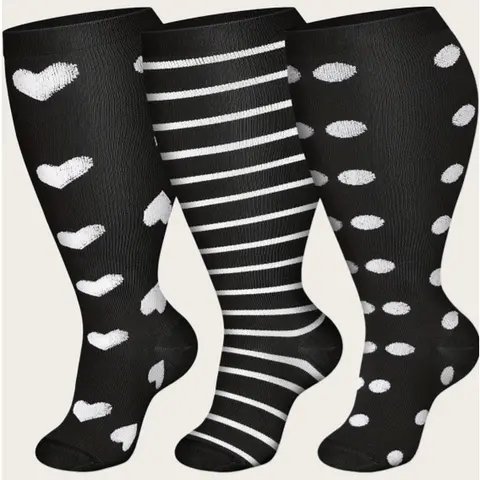 3 Pairs Plus Size Knee High Compression Socks for Men & Women, 20 30 mmHg Over the Calf Support, Breathable Soft Polyester Blend, Lightweight Stretch Active Socks for Sports, Daily Leg Care & Casual Wear