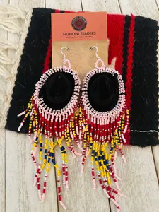 Handcrafted Beaded Cowboy Hat Dangle Earrings- pink