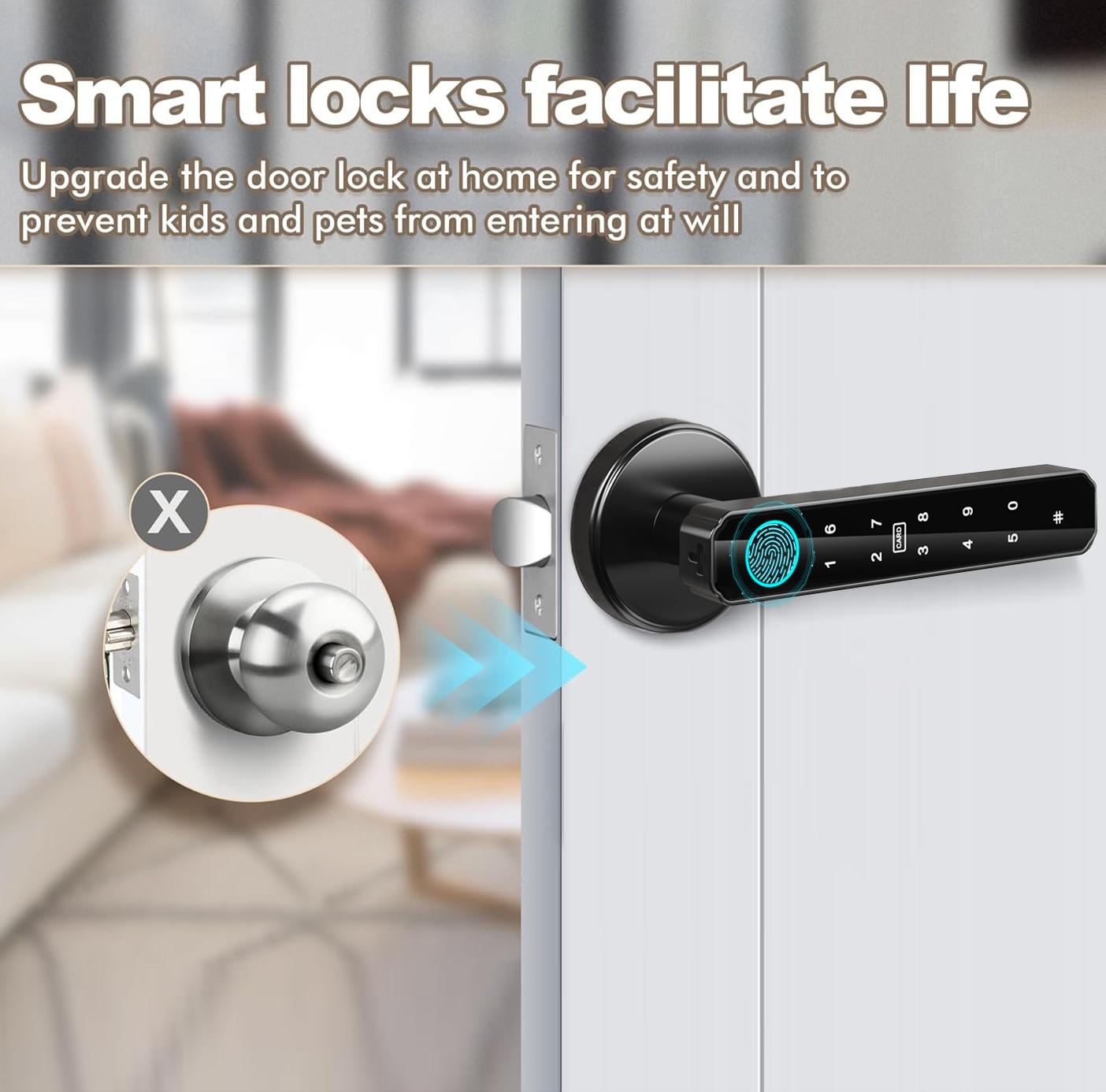 [Father's Day Gift]Smart Fingerprint Door Lock with App Control, 1 Count Keyless Entry Lock with Keypad Handle, Digital Electric Biometric Smart Door Lock for Bedroom, Keyless Entry Door Handle - Spring Glow Up